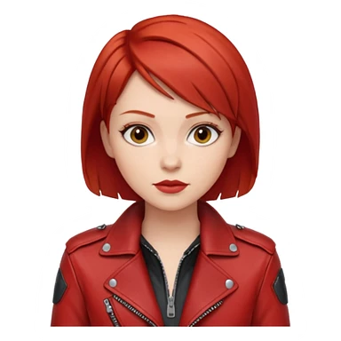 woman with short red hair and a bold red moto jacket sticker
