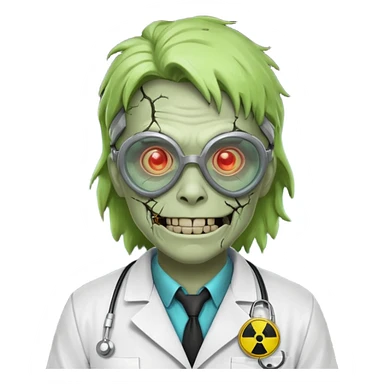 radioactive zombie scientist portrait, head and shoulders only, glowing toxic veins, cracked goggles, lab coat with radiation badge, sinister smile, 3D cartoon, mobile game icon style, clean background, no text, no watermark
 sticker