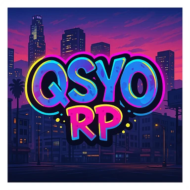 GTA V roleplay server logo featuring 'QSYO RP', graffiti style lettering, neon accents, city background, playful and urban sticker
