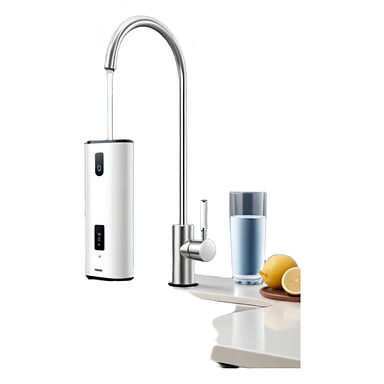 “A slim countertop direct-flow water purifier without water tank, minimal white design with a single faucet, standing on a kitchen counter, soft lighting, modern style” sticker
