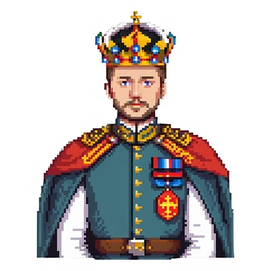 Russian Tsar with elaborate crown, decorated military uniform with medals, royal cape sticker