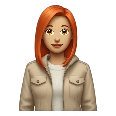 a girl with bright red straight hair of medium length, wearing a beige classic jacket, a white sweater and jeans sticker