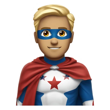 Emoji of Homelander from ‘The Boys’ series. USA flag-inspired costume with cape (red, blue, white). Confident, slightly menacing expression. sticker