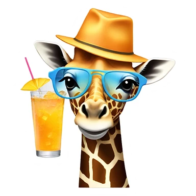 Giraffe wearing a bucket hat with a cocktail sticker