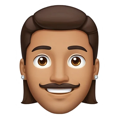 Apple-style cartoon emoji of a floating head only, young man with medium brown skin, mixed-race ethnicity, long dark brown hair with PERFECT MIDDLE PART exactly centered, mustache separated from goatee, medium brown eyes, small diamond stud earrings, absolutely no neck or shoulders visible sticker