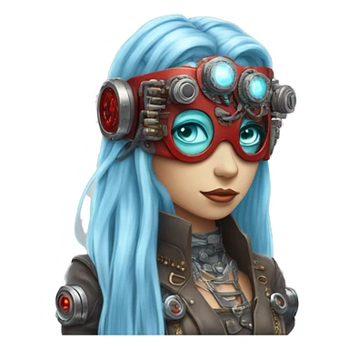 Light blue long hair female cyborg head with red steampunk headband goggles and circuits sticker