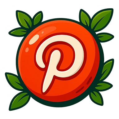Very rounded, puffy Pinterest logo in cartoon style, thick outline, dramatic shadows, shiny highlights, surrounded by vivid leaves, no background. Focus on contours, shadows, and glossy effects, matching the reference style. sticker