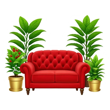 red velvet luxury loveseat with a mic in front, houseplant in back sticker
