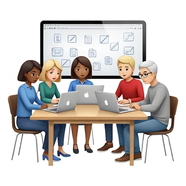 design team at a table with laptops and sketches sticker