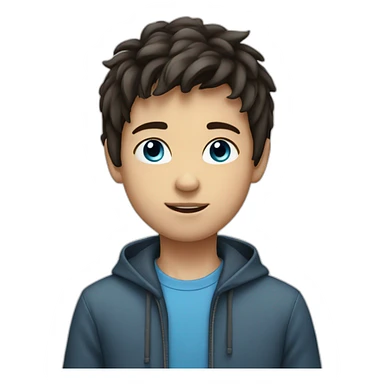 young boy with dark staight hair, blue eyes and computer sticker