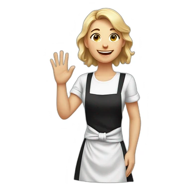 Slavic girl in a white T-shirt and black apron waves her right hand and smiles sticker