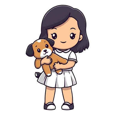 A beautiful girl with long straight black hair wearing a white skirt holding a small brown curly teddy dog sticker