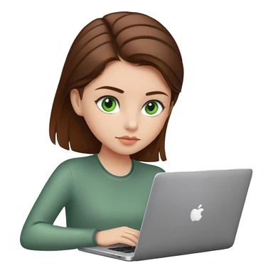 fată cu ochi verzi și păr șaten strâns în partea din spate a capului, lucrând pe un laptop sticker