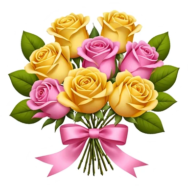 A bouquet of flowers, composed of pink and yellow roses, four blooms in total, tied with ribbon. sticker