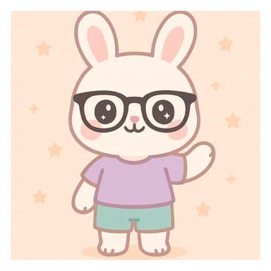 conejo blanco kawaii de pie, gafas RayBan, ropa casual cool, sin zapatos, sonriendo y haciendo gesto de bienvenida sticker
