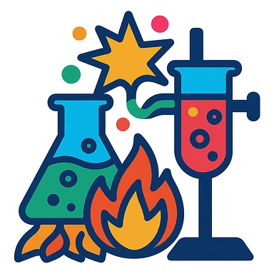 exothermic chemical reaction with beakers and flames, vibrant colors sticker