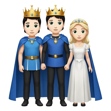 Prince with crown, blue cape and trousers, body and legs, black hair, blue eyes and maid, blonde hair, green eyes, sexy white short sleveless dress,  sticker