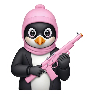 penguin wearing light pink ski mask holding a light pink gun sticker