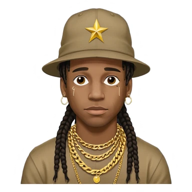 Travis Scott with gold chain necklace, wearing hat, dreadlock hair  sticker