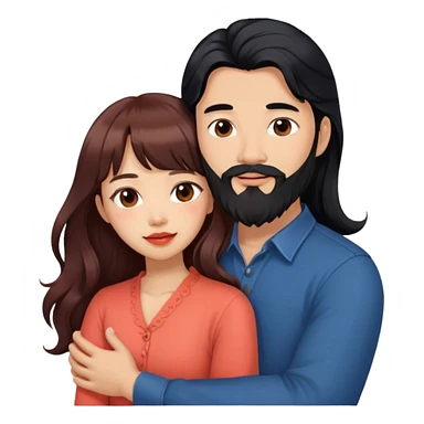 handsome asian man with long black hair and beard, hugging cute tan skin woman with long wavy reddish brown hair with bangs and coral lipstick sticker