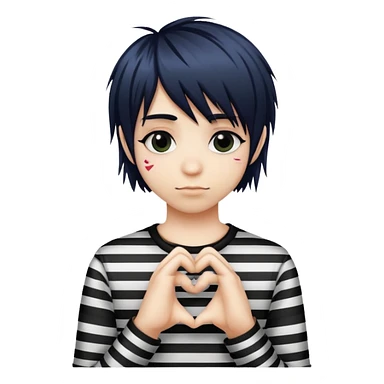 emo rockstar with side-swept bangs, striped shirt, making a heart with hands sticker