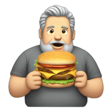 Fat man with grey shirt hair and a big beard eating a burger sticker