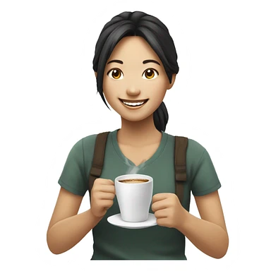 happy asian girl and grabbing coffe sticker