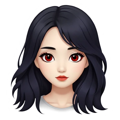Asian girl with very long shaggy black hair, big black irises for eyes. middle part hair. long lower lashes, cheekbones with red blush. big dimples. simple dark makeup.  sticker