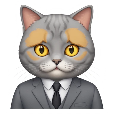 British Shorthair with yellow eyes wears gray suit attends a press conference. sticker