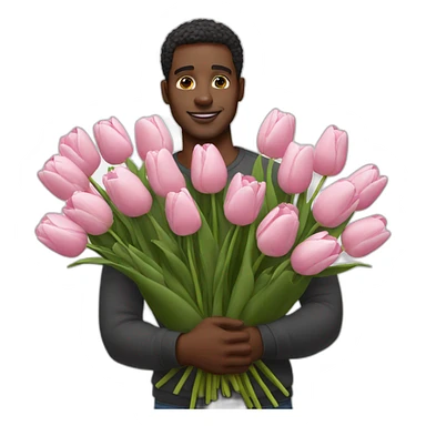Black man with a huge bouquet of pink and white tulips in his arms sticker