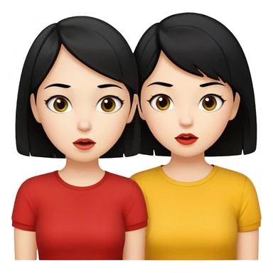 2 girls gossiping. both are fair and have black hair. One has short hair, one has long. One is wearing yellow, one is wearing red sticker