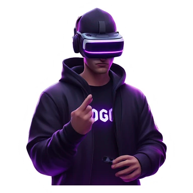 Russian man wearing a black hoodie with "OMG" letters on it and VR headset in a cyberpunk VR environment with violet neon lighting. sticker