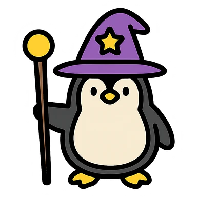 penguin wizard, magical, holding a staff, wearing a wizard hat sticker