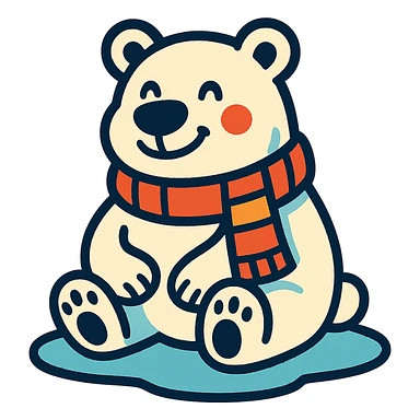 happy polar bear with a scarf, sitting on ice, looking content despite the cold sticker