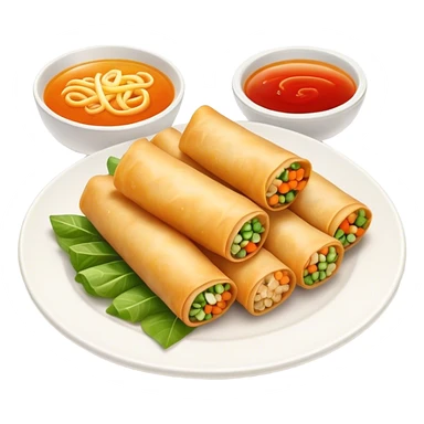 Cinematic Realistic Spring Rolls Dish Emoji, featuring golden, crispy rolls filled with fresh vegetables rendered with detailed textures and warm natural lighting. sticker