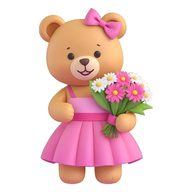 A cute teddy bear with a pink bow on its head, holding a bouquet of white flowers, in a 3D iOS Disney style, with a soft pink background and hearts floating around, wearing a pink dress and a big smile. sticker