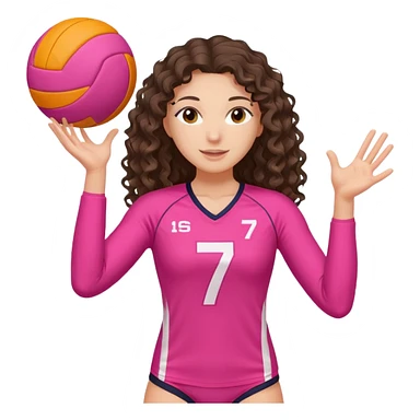 white brunette volleyball player with long curly hair with (a pink outfit with the number 7) and ONE ball with orange AND white stripe sticker