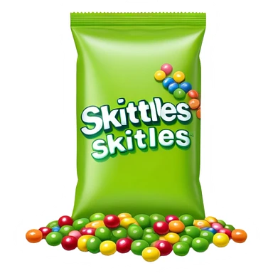 Colorful Skittles package with green candies scattered around it sticker