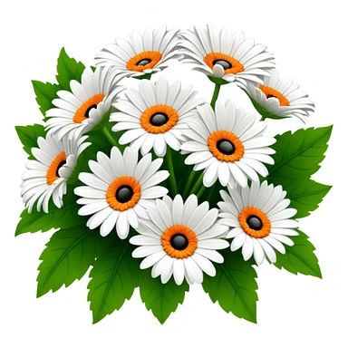 bouquet White Gerbera Daisy, luxuriant, leaf, bud, black pollen, orange style sticker