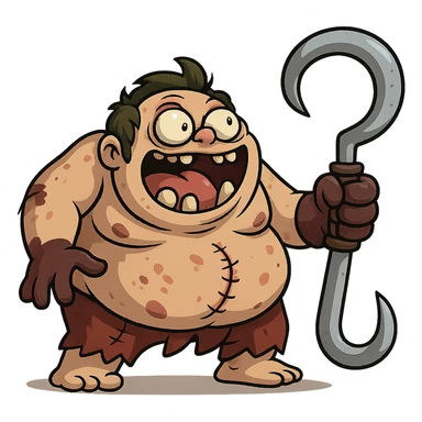Pudge as a funny, exaggerated cartoon character, with a comical expression and oversized hook sticker
