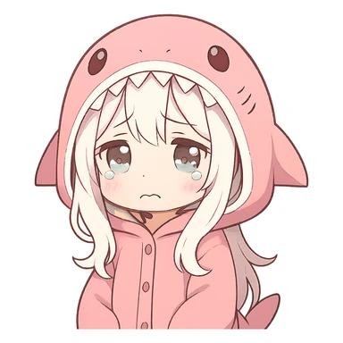 cute anime style girl with white hair wearing a pink shark onesie, very cute sad expression sticker