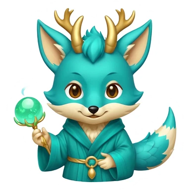 Cute chibi teal fox-dragon emoji with small antler horns, playful face with tongue out, swirl eyebrows, gold forehead mark, teal-gold robe, holding glowing blue orbs, soft pastel vector style. sticker
