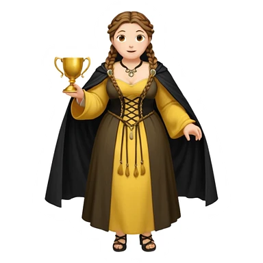 Helga Hufflepuff,brown-haired,2 braids,yellow-black medieval open dress,deep neckline,fat macromastia,black cloak decorated with gold braiding,gold cup with two handles,very kind smile,curvy busty sweet woman,round rosy cheeks,full length with medieval shoes sticker
