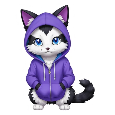 Black cat-garurumon-purloin-feline-Fakemon-Digimon-creature wearing a violet hoodie fursona (full body)  sticker