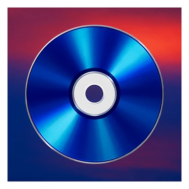 Create a realistic style CD emoji with a shiny, reflective surface. The CD should be centered on a background that blends the deep blue and vibrant orange gradient colors from the second reference image. Match the realistic look of the first image while incorporating the specified blue and orange gradient background. sticker