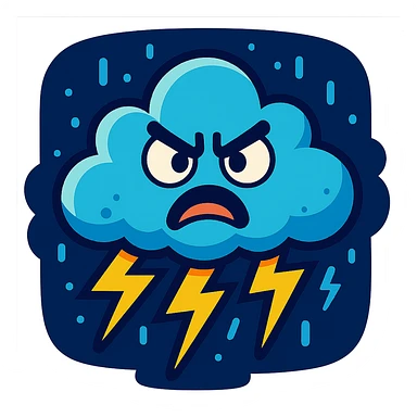 small angry thunderstorm cloud, cartoon style, expressive face, lightning bolts, dark sky, bright colors sticker