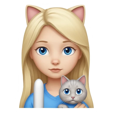 blonde girl with long blonde hair and blue eyes with chubby gray cat sticker