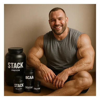 hyper realistic happy bodybuilder sitting next to a collection of 'stack' supplements, relaxed pose, positive atmosphere, realistic details, soft lighting sticker