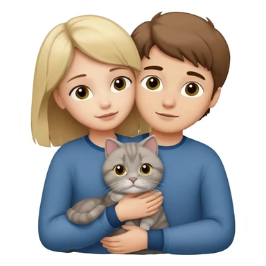 Blonde girl and brown Hair boy in love hugging a grey scottish fold cat sticker