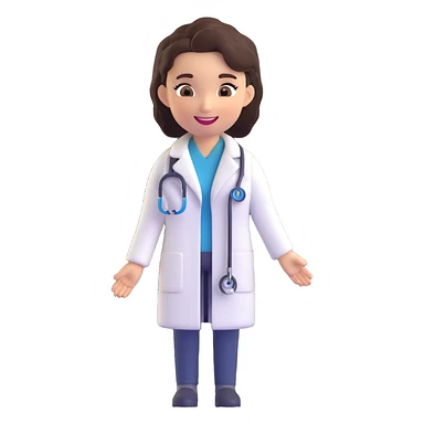 Female doctor with a different hairstyle, 3D emoji style, smiling, wearing a white coat and stethoscope. Maintain the 3D emoji style and friendly medical theme. sticker